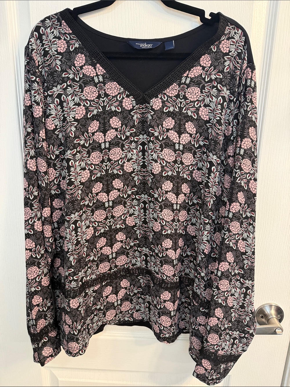 Romantic Indigo Black V-Neck Long Sleeve Top with Pink Floral Motif & Lace Trim